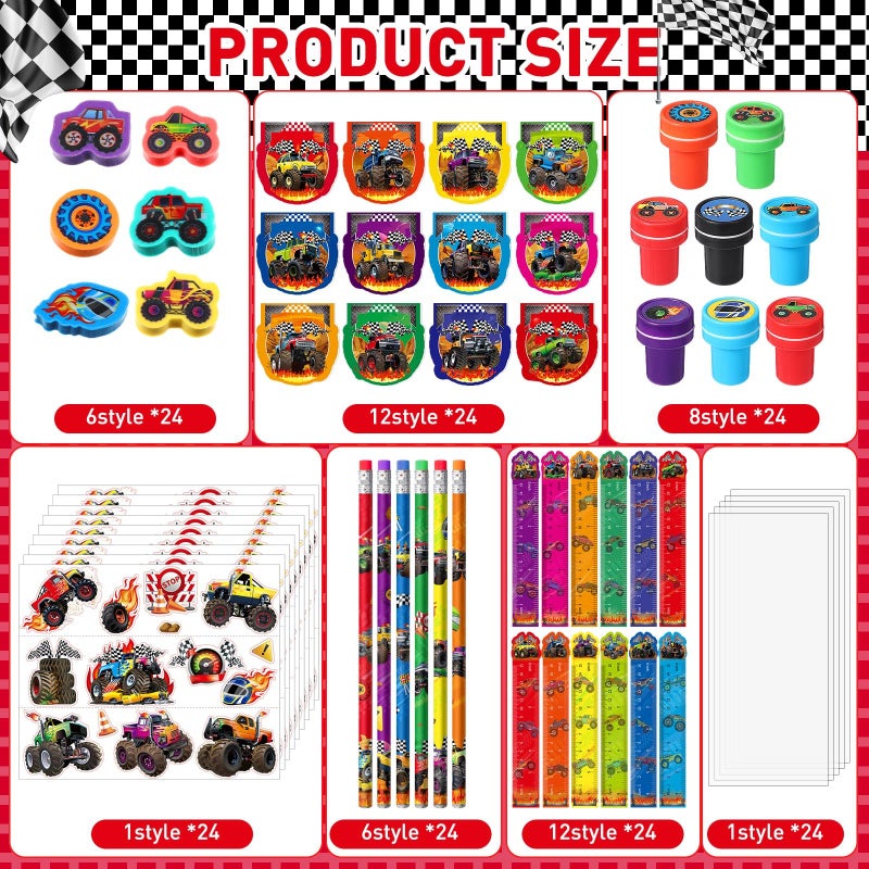 Cholemy 168 Pcs Monster Truck Party Favors Truck Party Supplies Monster Truck Stationery Set Notebook Sticker Stamper Eraser Ruler Pencil Bag for Truck Baby Shower Birthday Party Gift Classroom Prize - Image 3